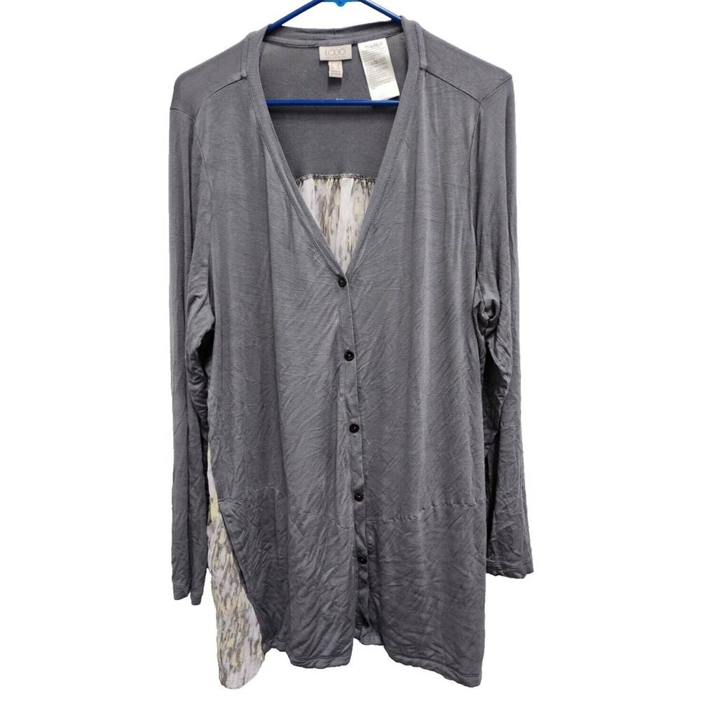 LOGO By Lori Goldstein Womens Lagenlook Cardigan 2X Gray Contrast Back Button Up